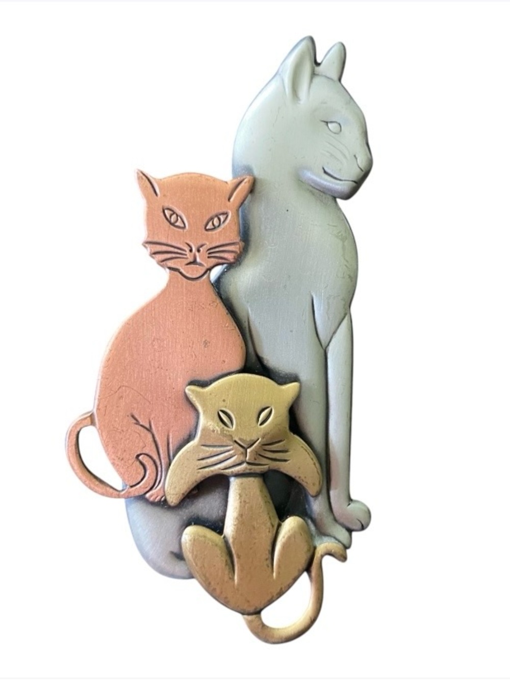 Vintage Modernist Three Cats Brooch Mixed Metal Cat Pin Art Deco Style K&T